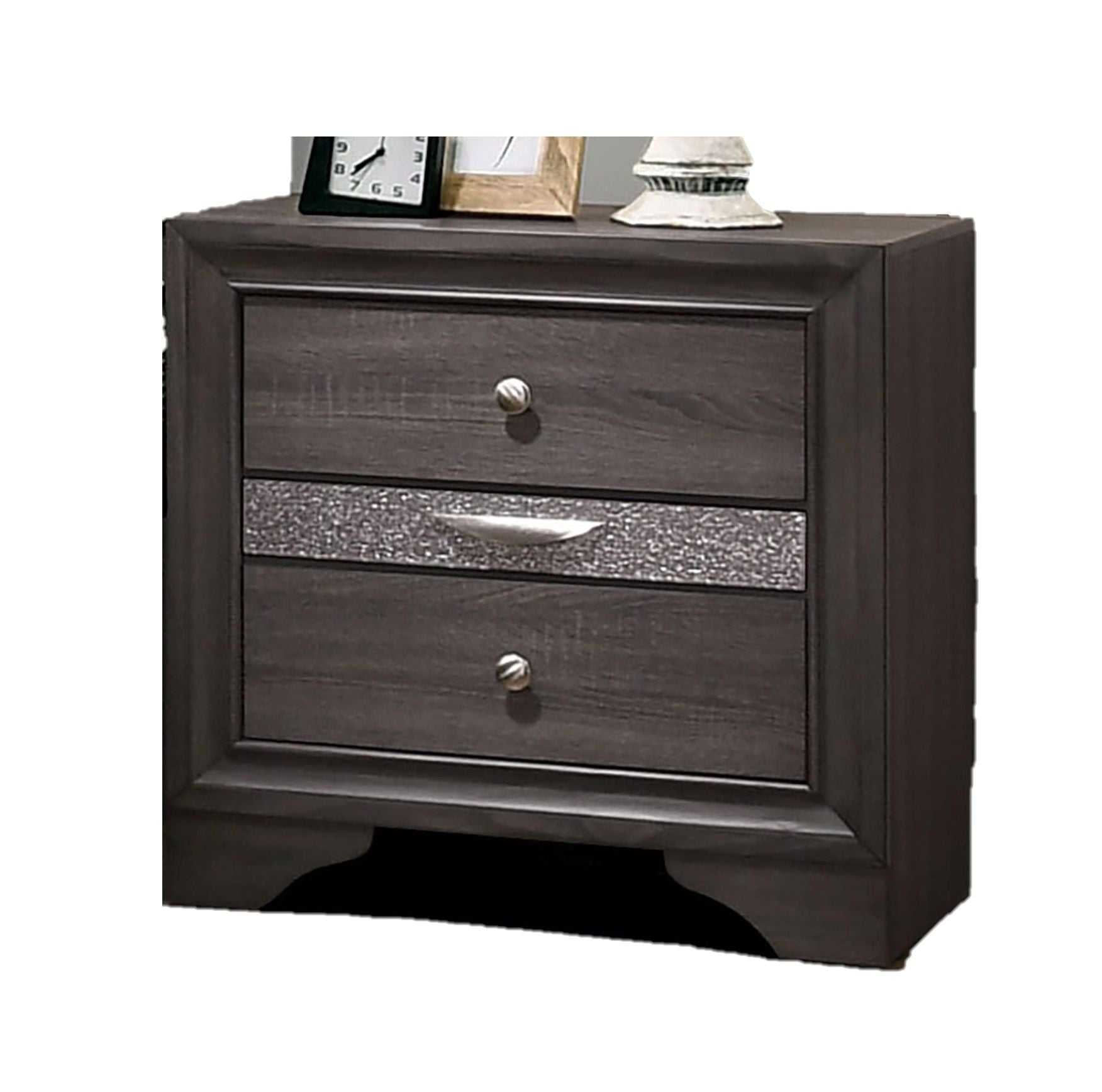 Contemporary 1pc Nightstand Gray Finish Silver Accents Hidden Jewelry Drawer Nickel Round Knob Bedside Table Bedroom Furniture - luxuryhomedecoridea.com
