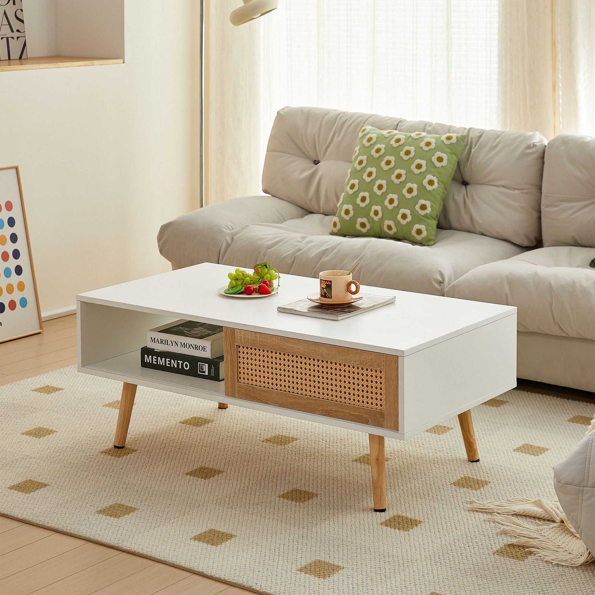 41.34" Rattan Coffee table, sliding door for storage, solid wood legs, Modern table for living room - luxuryhomedecoridea.com
