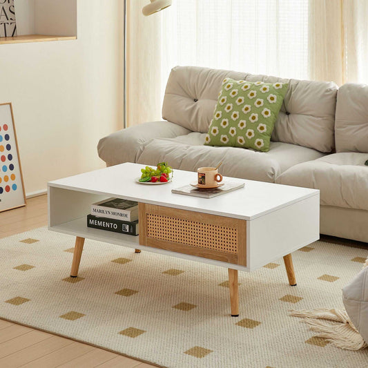 41.34" Rattan Coffee table, sliding door for storage, solid wood legs, Modern table for living room - luxuryhomedecoridea.com