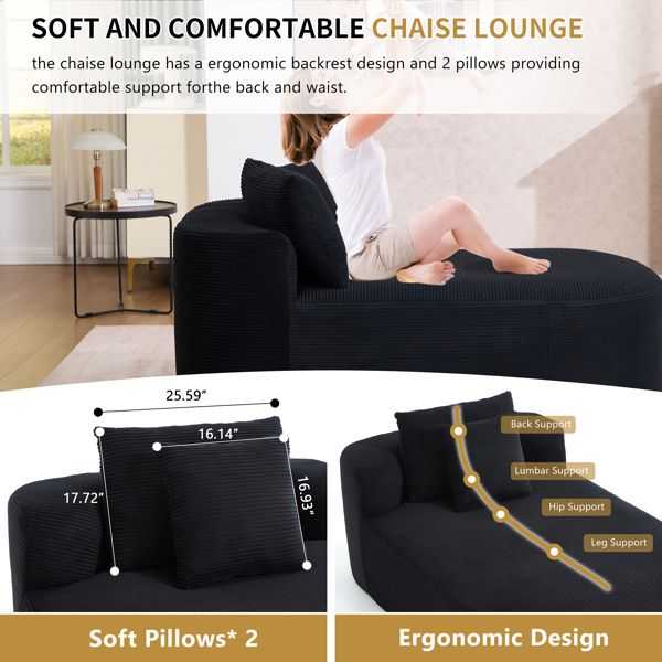 67.5''Chaise Lounge Chair 46'' Wide Seat Indoor Corduroy Oversized Sleeper Sofa for Living Room Deep Seat Lounge and Two Soft Pillows Convertible Boneless Sofa Bed, Black,No Assembly Required - luxuryhomedecoridea.com