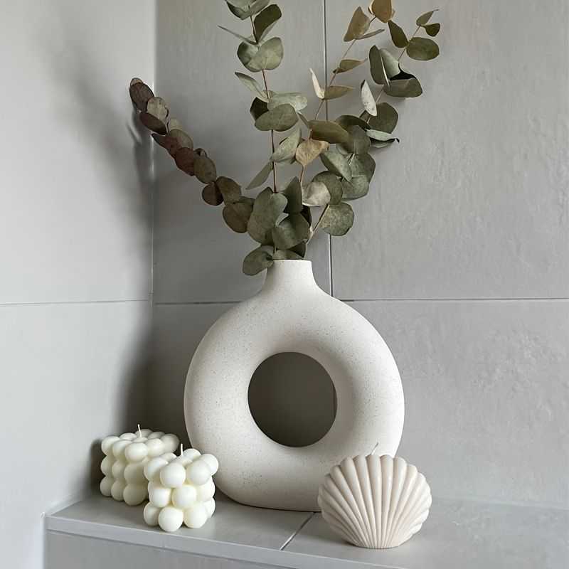 1pc; White Ceramic Vase White Vases For Decor; Modern Home Decor Vase; Boho Vases For Decor; Circle Vase; Round Vase; Donut Vase; Decorative Vase - luxuryhomedecoridea.com