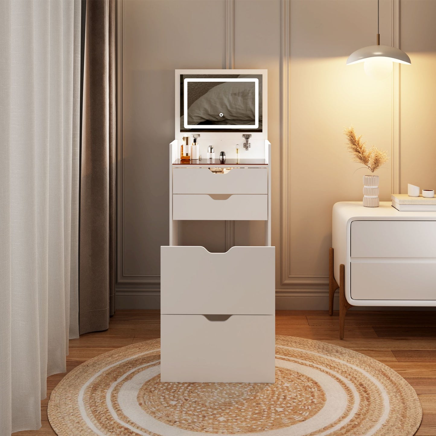 Dressing Table and Stool, 3-in-1 Multifunctional Dressing Table Set, Featuring Three-color Lighting Modes, HD Mirror, Two Sliding Drawers, and a Hidden Storage Stool - luxuryhomedecoridea.com