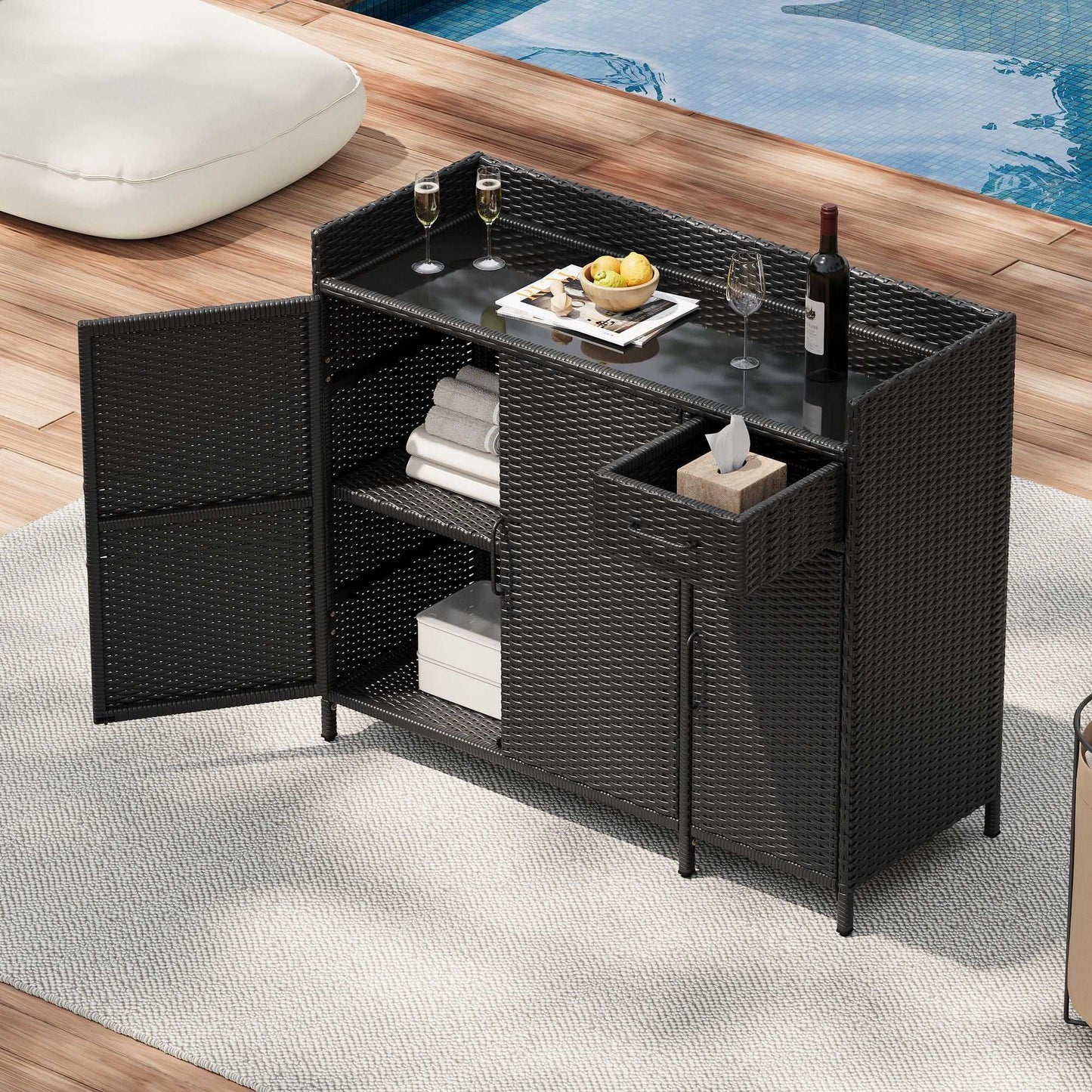 47.5"W Wicker Outdoor Storage Cabinet with Tempered Glass Desktop, Weather-proof Rattan Bar Table with Three Doors, Adjustable Shelf, and One Drawer, for Outdoor Cushions, Pool Toys - luxuryhomedecoridea.com