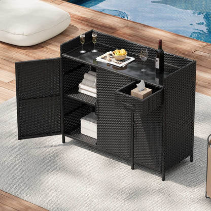 47.5"W Wicker Outdoor Storage Cabinet with Tempered Glass Desktop, Weather-proof Rattan Bar Table with Three Doors, Adjustable Shelf, and One Drawer, for Outdoor Cushions, Pool Toys - luxuryhomedecoridea.com