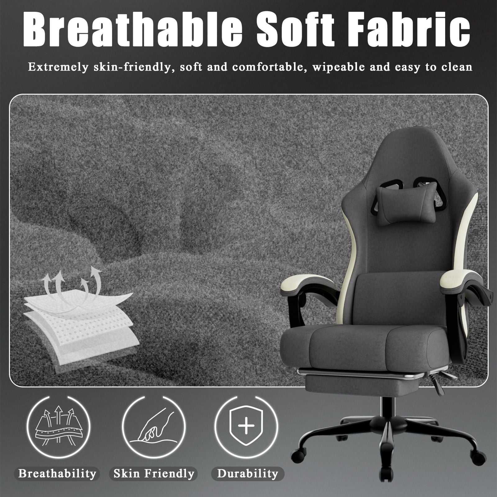Ergonomic Gaming Chair with Pocketed Spring Cushion, Breathable Fabric Computer Chair with Footrest, Adjustable Lumbar Support Video Game Chair for Adults (Fabric) - luxuryhomedecoridea.com