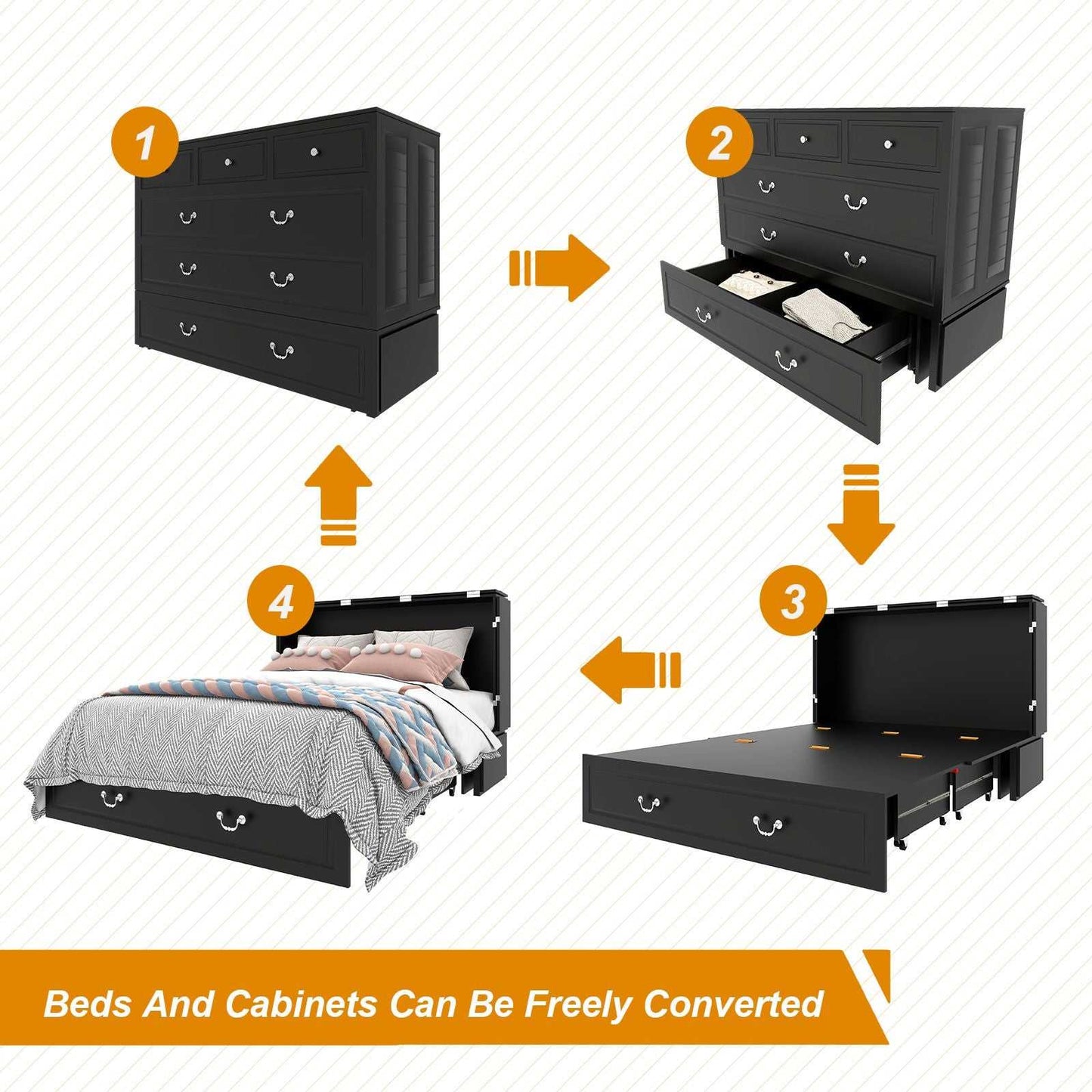 Queen Size Murphy Bed Frame with Drawers Murphy Chest Bed with Charging Station, 2 USB Ports Mobile Murphy Bed Sleeping Arrangement for Multipurpose Area for Bedroom Living Room Guest Room White&Wood - luxuryhomedecoridea.com