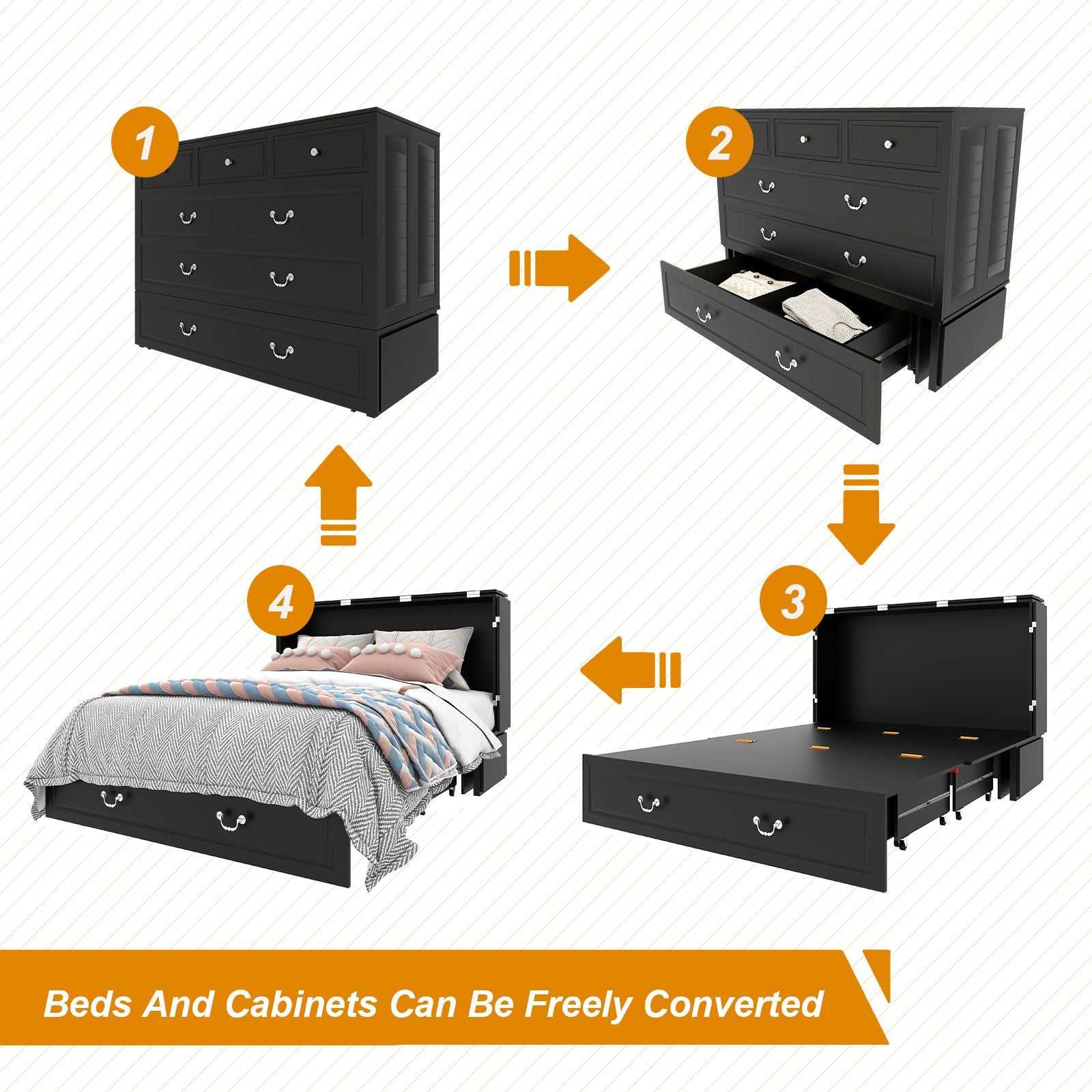 Queen Size Murphy Bed Frame with Drawers Murphy Chest Bed with Charging Station, 2 USB Ports Mobile Murphy Bed Sleeping Arrangement for Multipurpose Area for Bedroom Living Room Guest Room White&Wood - luxuryhomedecoridea.com