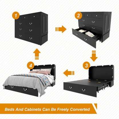 Queen Size Murphy Bed Frame with Drawers Murphy Chest Bed with Charging Station, 2 USB Ports Mobile Murphy Bed Sleeping Arrangement for Multipurpose Area for Bedroom Living Room Guest Room White&Wood - luxuryhomedecoridea.com