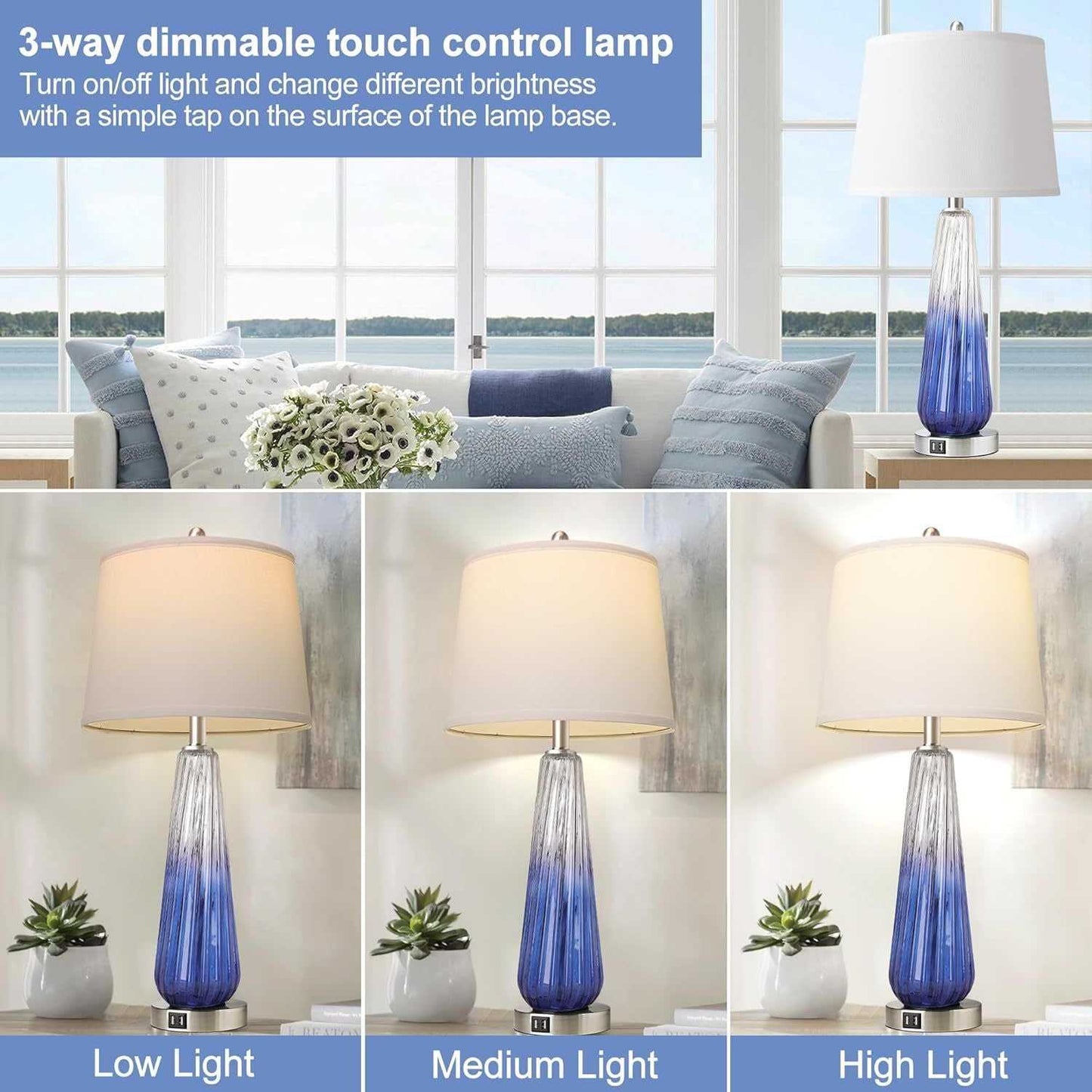 Table Lamps Set of 2 with Touch Control, 3-Way Dimmable Modern Glass Bedside Lamps with USB A+C Ports, Nightstand Lamp with White Fabric Shade, 27.5" Large Lamps for Living Room Bedrooms Decorations - luxuryhomedecoridea.com