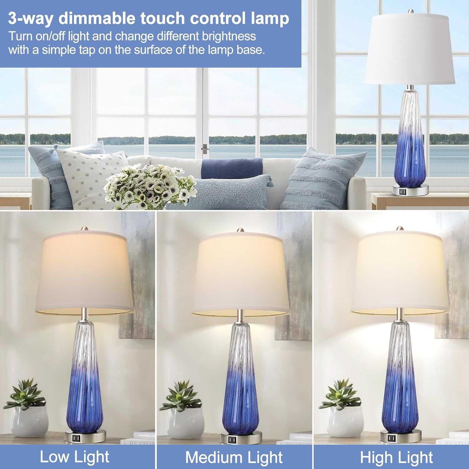 Table Lamps Set of 2 with Touch Control, 3-Way Dimmable Modern Glass Bedside Lamps with USB A+C Ports, Nightstand Lamp with White Fabric Shade, 27.5" Large Lamps for Living Room Bedrooms Decorations - luxuryhomedecoridea.com