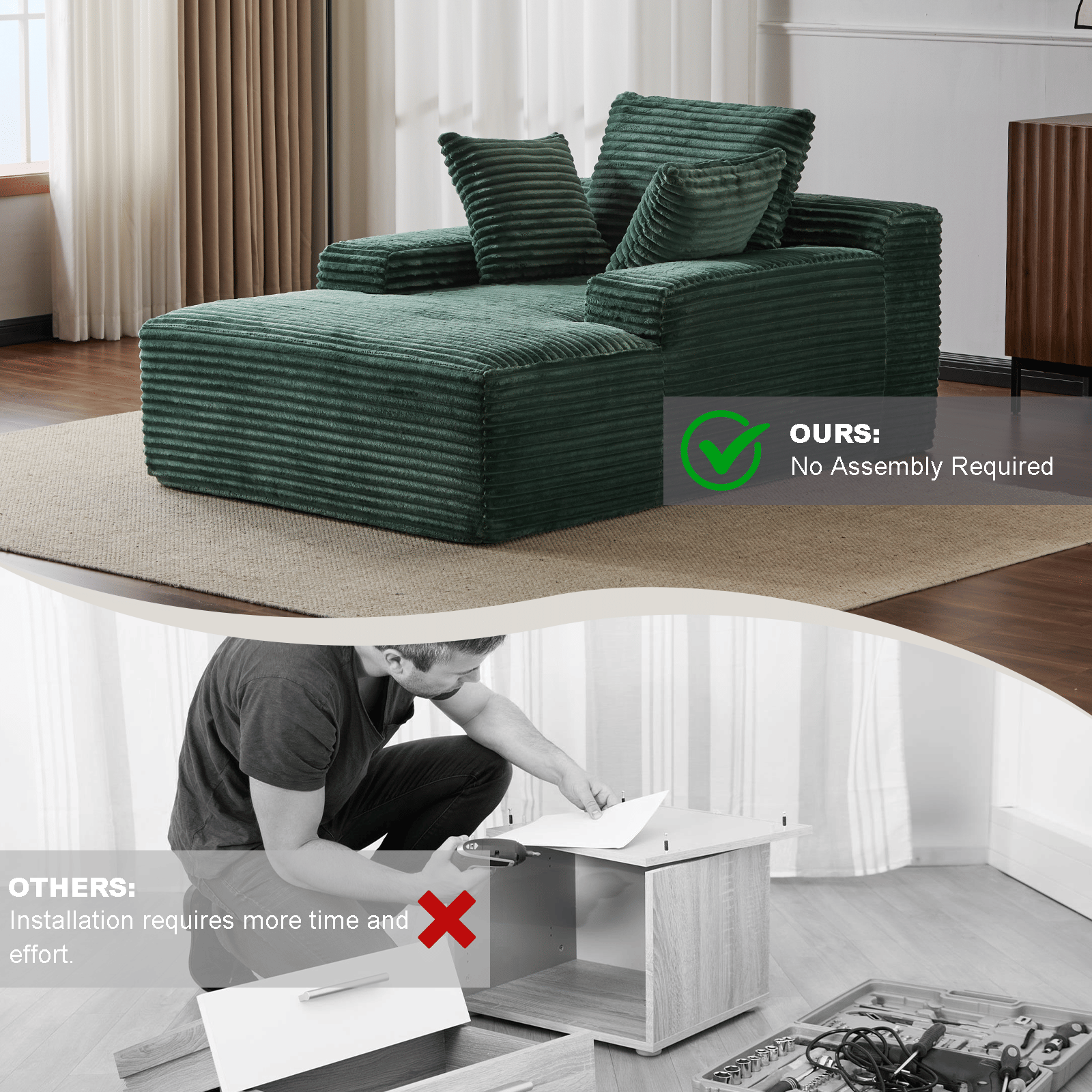 Double Chaise Lounge Chair Indoor,Oversized Upholstered Sleeper Cloud Couch,Deep Seat Luxury Sofa Bed,Sectional Sofa Chaise Love-seat,Corduroy Reading Chair for Living Room,No Assembly Required - luxuryhomedecoridea.com