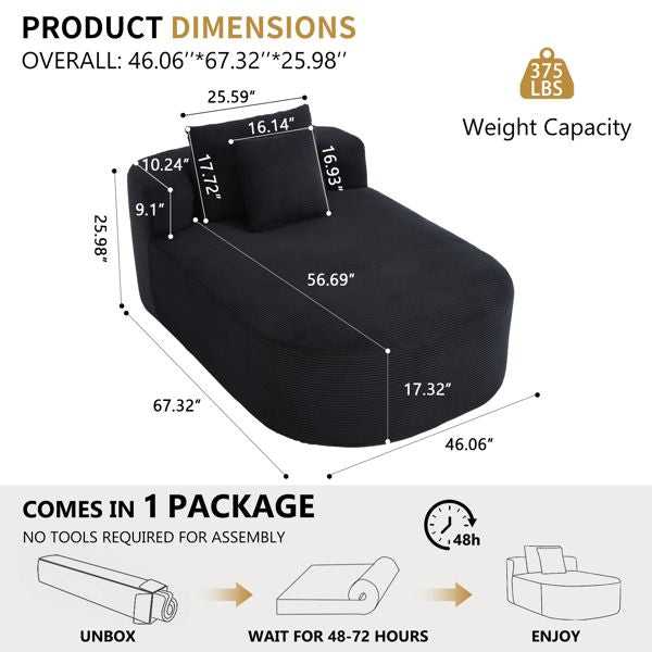 67.5''Chaise Lounge Chair 46'' Wide Seat Indoor Corduroy Oversized Sleeper Sofa for Living Room Deep Seat Lounge and Two Soft Pillows Convertible Boneless Sofa Bed, Black,No Assembly Required - luxuryhomedecoridea.com