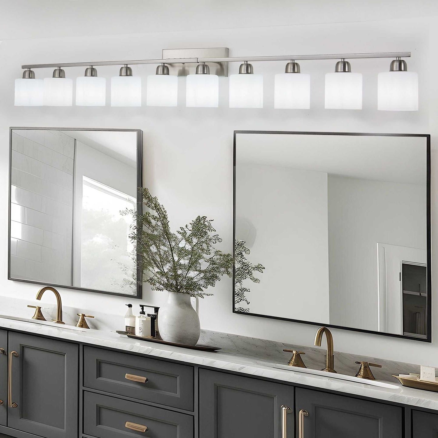 10-Light Bathroom Light Fixtures, 6552inch Nickel Vanity Light with Milky White Glass Shade, Modern Bathroom Wall Lights Over Mirror, Farmhouse Wall Sconces Lighting for Bedroom Living Room - luxuryhomedecoridea.com