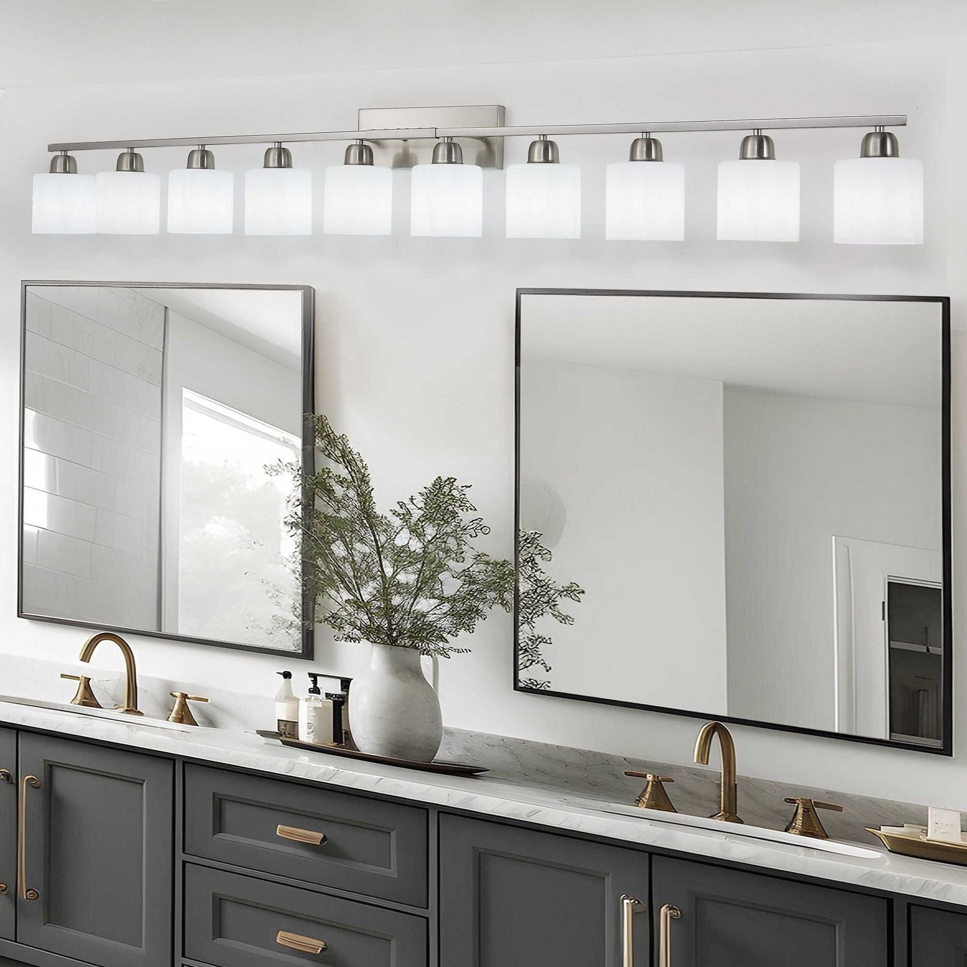 10-Light Bathroom Light Fixtures, 6552inch Nickel Vanity Light with Milky White Glass Shade, Modern Bathroom Wall Lights Over Mirror, Farmhouse Wall Sconces Lighting for Bedroom Living Room - luxuryhomedecoridea.com