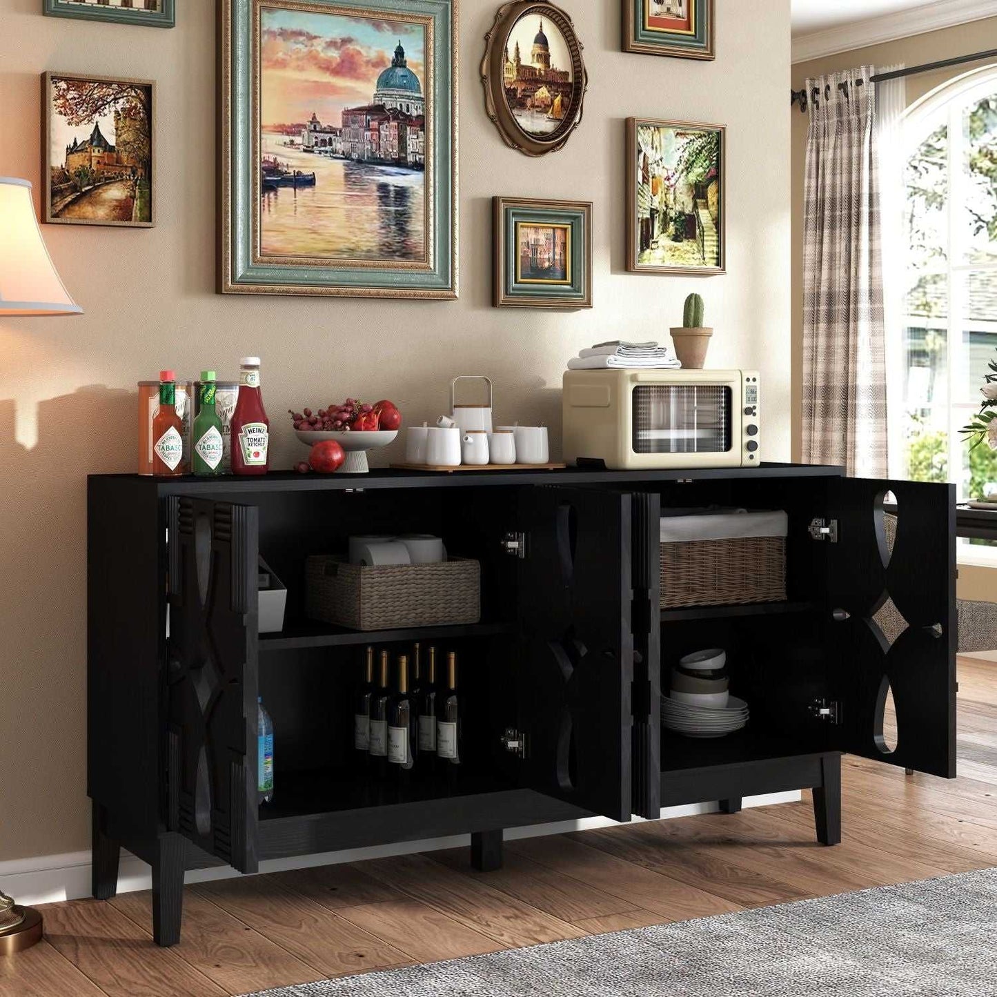 60.5" Mid Century Modern Sideboard Buffet Cabinet with Storage, TV Media Console Table, Storage Cabinet with 4 Doors & Adjustable Shelves for Kitchen Dining Living Room Entryway, Black - luxuryhomedecoridea.com