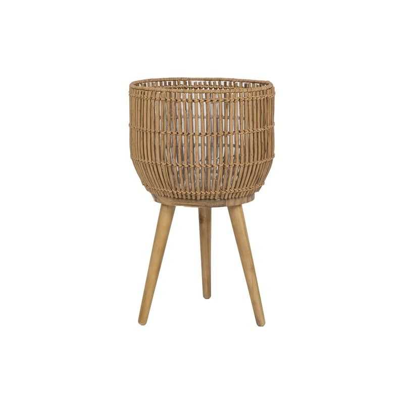 13 Inch Round Brown Resin Rattan Planter Stand with Acacia Wood Legs - luxuryhomedecoridea.com