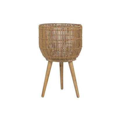 13 Inch Round Brown Resin Rattan Planter Stand with Acacia Wood Legs - luxuryhomedecoridea.com