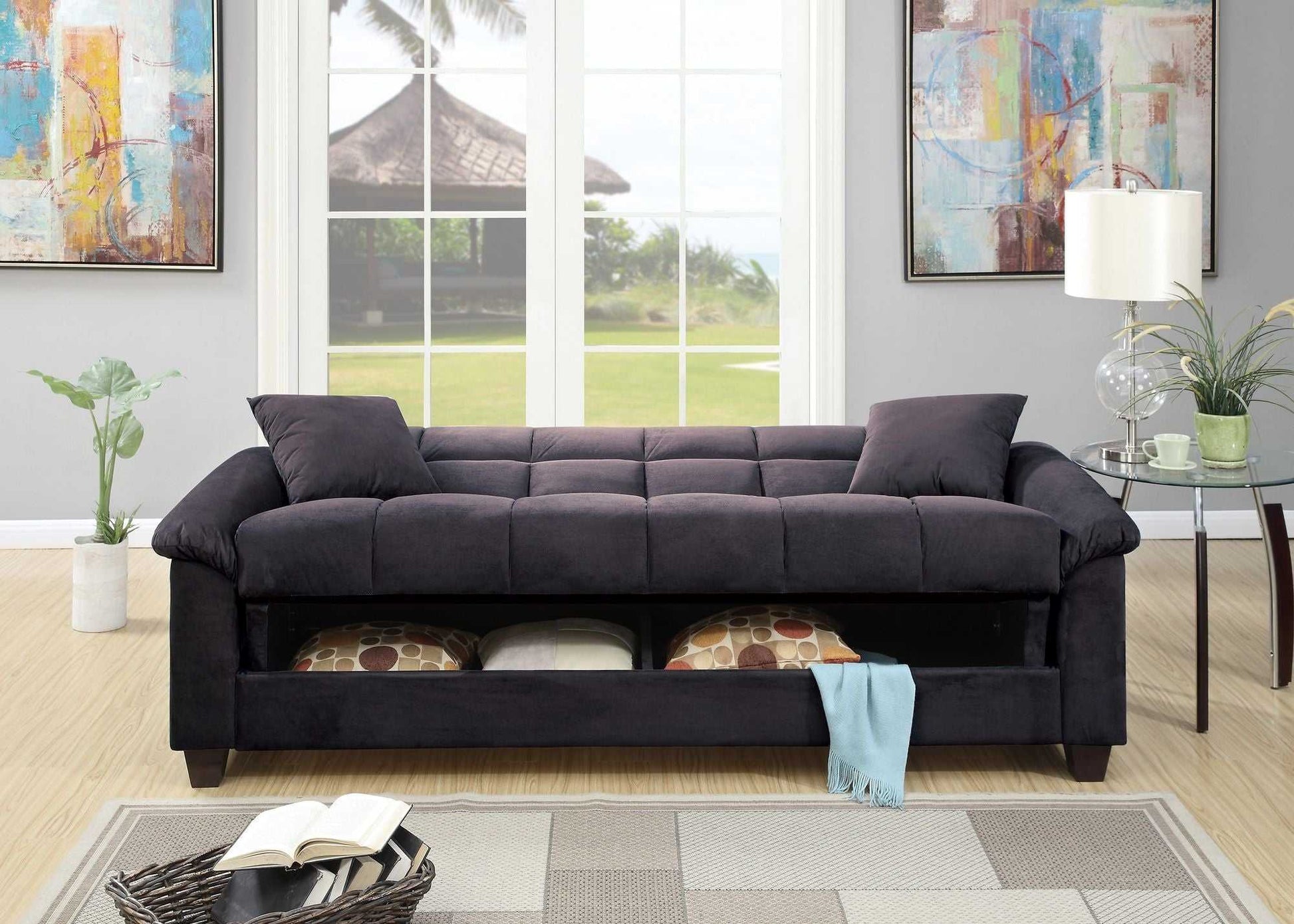 Contemporary Living Room Adjustable Sofa Ebony Microfiber Couch Plush Storage Couch 1pc Futon Sofa w Pillows - luxuryhomedecoridea.com