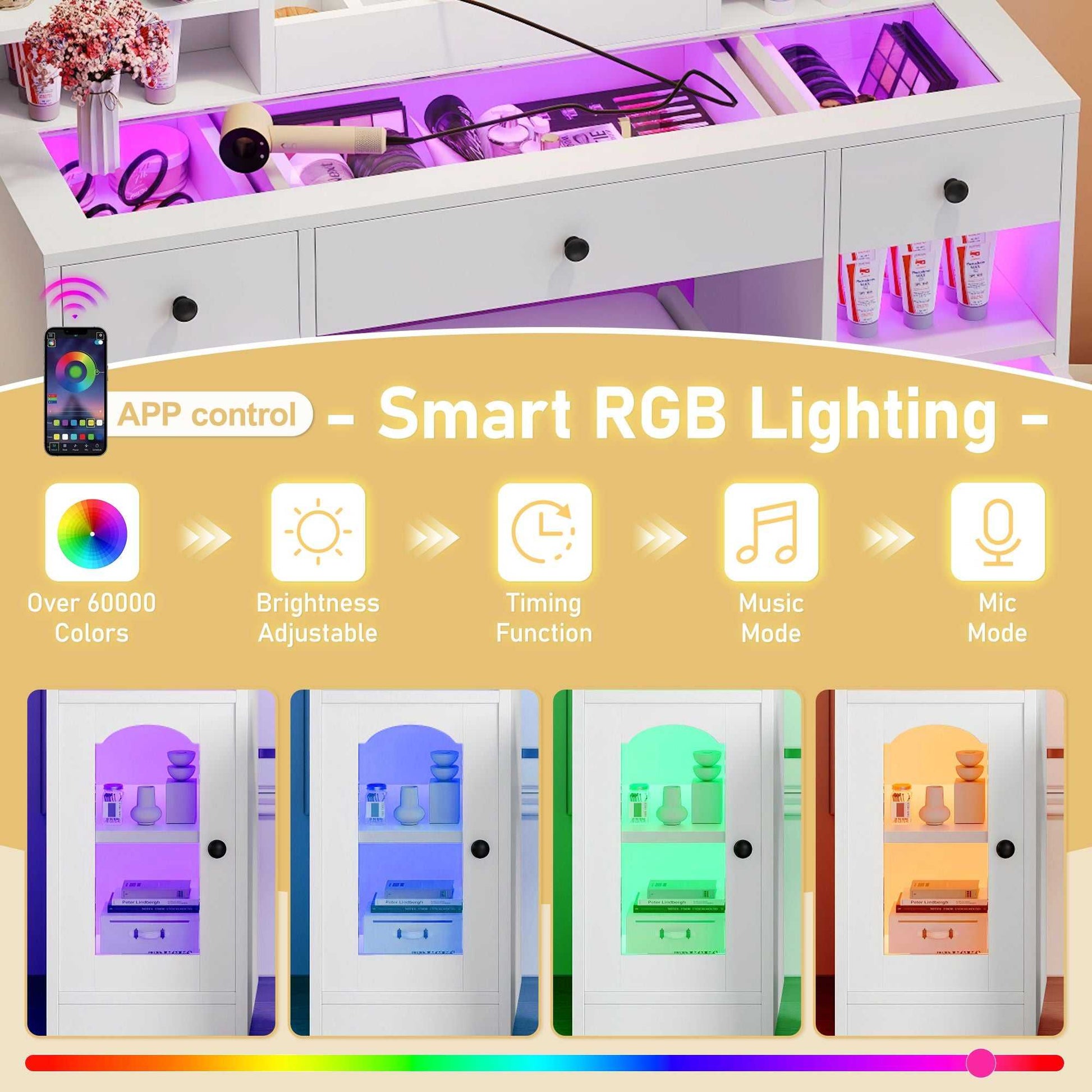 43.2" Vanity Desk with LED Mirror and Lights, Glass Top Vanity with RGB Glass Light Cabinets, Dressing Table with 3 Drawers ,Storage Shelves and Stool for Bedroom - luxuryhomedecoridea.com
