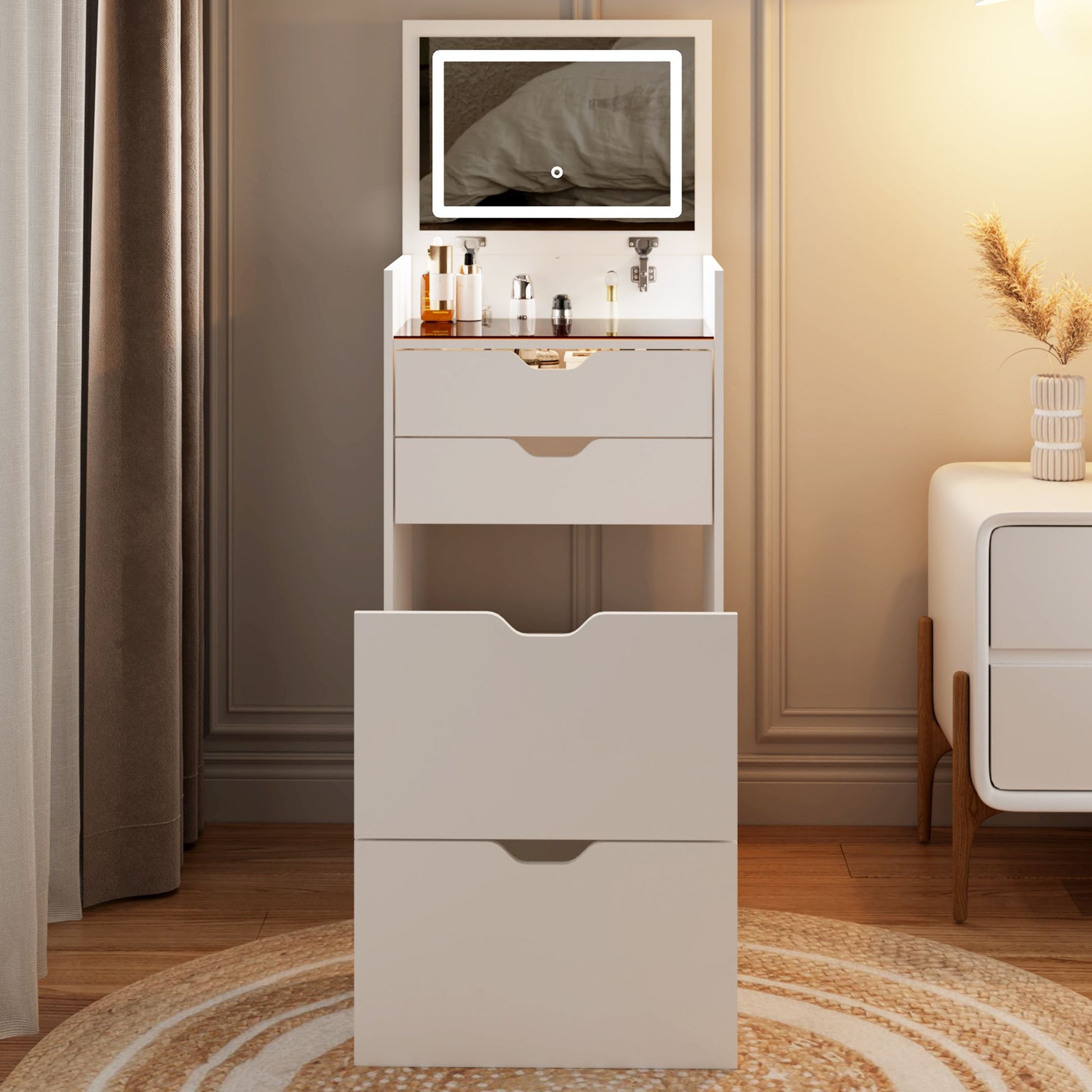 Dressing Table and Stool, 3-in-1 Multifunctional Dressing Table Set, Featuring Three-color Lighting Modes, HD Mirror, Two Sliding Drawers, and a Hidden Storage Stool - luxuryhomedecoridea.com