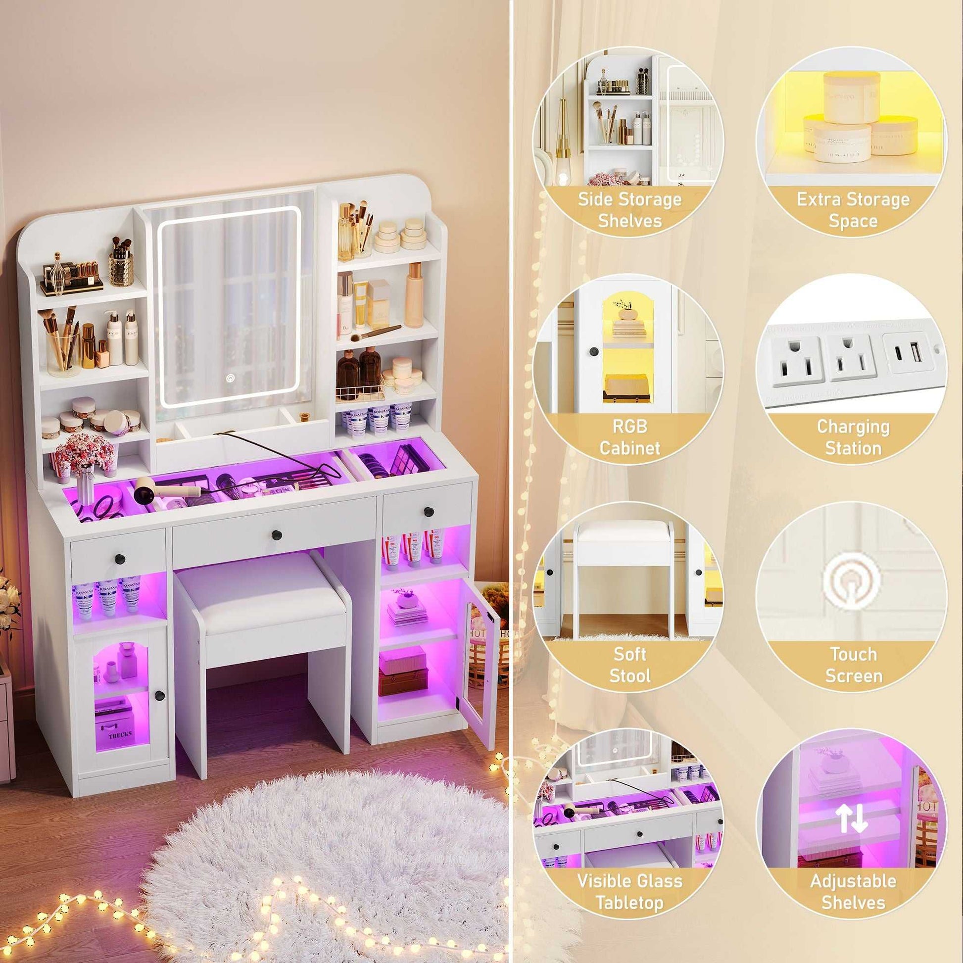43.2" Vanity Desk with LED Mirror and Lights, Glass Top Vanity with RGB Glass Light Cabinets, Dressing Table with 3 Drawers ,Storage Shelves and Stool for Bedroom - luxuryhomedecoridea.com