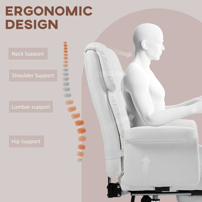 Executive Office Chair with Footrest and Lumbar Support, PU Leather Reclining Office Desk Chair, Ergonomic and Swivel, White - luxuryhomedecoridea.com