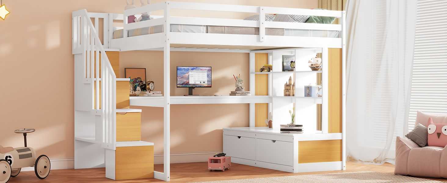Full Size Loft Bed with Desk and Shelves, Two Built-in Drawers, Storage Staircase, White and Natural - luxuryhomedecoridea.com