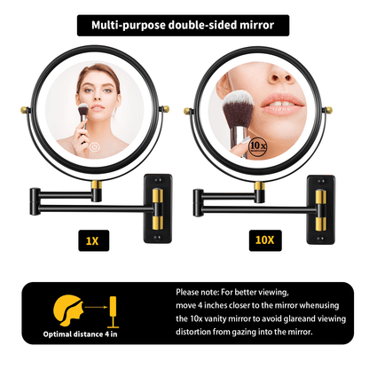 8.6" Wall Mounted Makeup Mirror with LED Lights, Double Sided 1X/10X Magnifying Mirror, 360° Swivel Bathroom Vanity Mirror with Extension Arm, Built-in Battery, Black + Gold - luxuryhomedecoridea.com