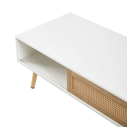41.34" Rattan Coffee table, sliding door for storage, solid wood legs, Modern table for living room - luxuryhomedecoridea.com