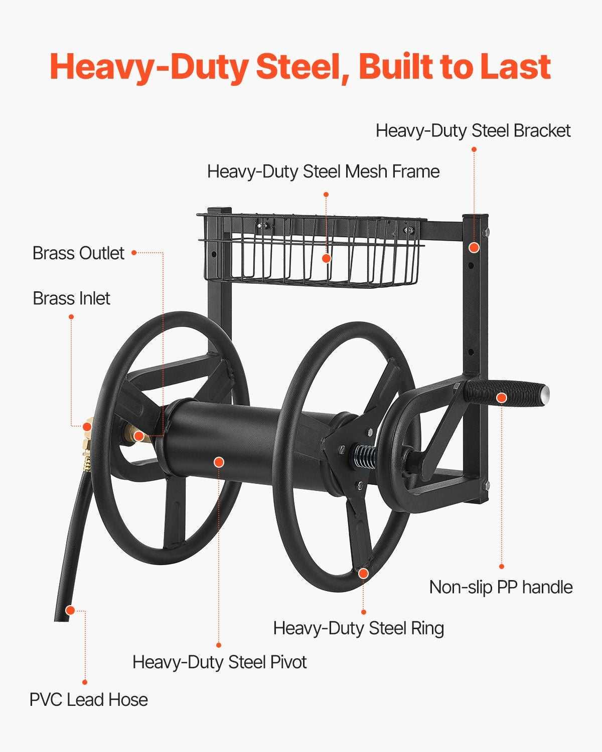 VEVOR Wall Mounted Garden Hose Reel, Holds 125 ft 5/8-inch Hose, Heavy-Duty Water Hose Winder, Space-Saving Design, Outdoor Manual Reel with Brass Fitting and Storage Basket for Yard Lawn - luxuryhomedecoridea.com