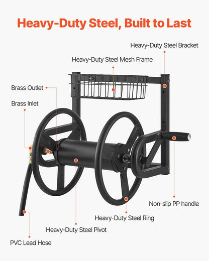 VEVOR Wall Mounted Garden Hose Reel, Holds 125 ft 5/8-inch Hose, Heavy-Duty Water Hose Winder, Space-Saving Design, Outdoor Manual Reel with Brass Fitting and Storage Basket for Yard Lawn - luxuryhomedecoridea.com