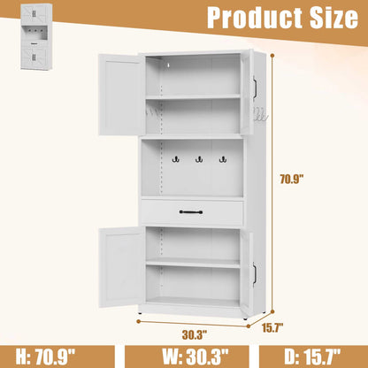 71 "High White Steel Kitchen Pantry Storage Cabinet with Large Countertop, Adjustable Shelves, Drawers and Hooks, Heavy-duty Modern Style Cabinet - luxuryhomedecoridea.com