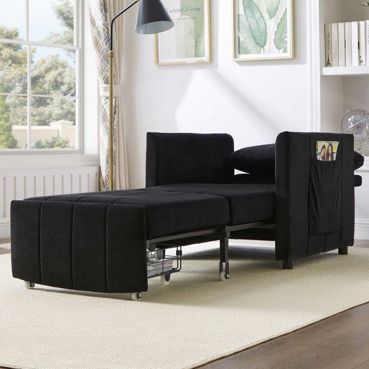 Upholstered Convertible Sleeper Sofa, 31.5" Pull Out Sofa Bed with 5-Position Adjustable Backrest, Side Pockets and a Storage Basket, Fold Out Chair Bed, Lounger For Living Room, Apartment, Black - luxuryhomedecoridea.com