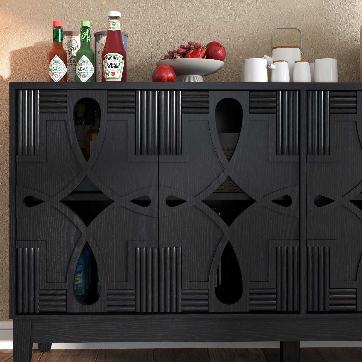 60.5" Mid Century Modern Sideboard Buffet Cabinet with Storage, TV Media Console Table, Storage Cabinet with 4 Doors & Adjustable Shelves for Kitchen Dining Living Room Entryway, Black - luxuryhomedecoridea.com