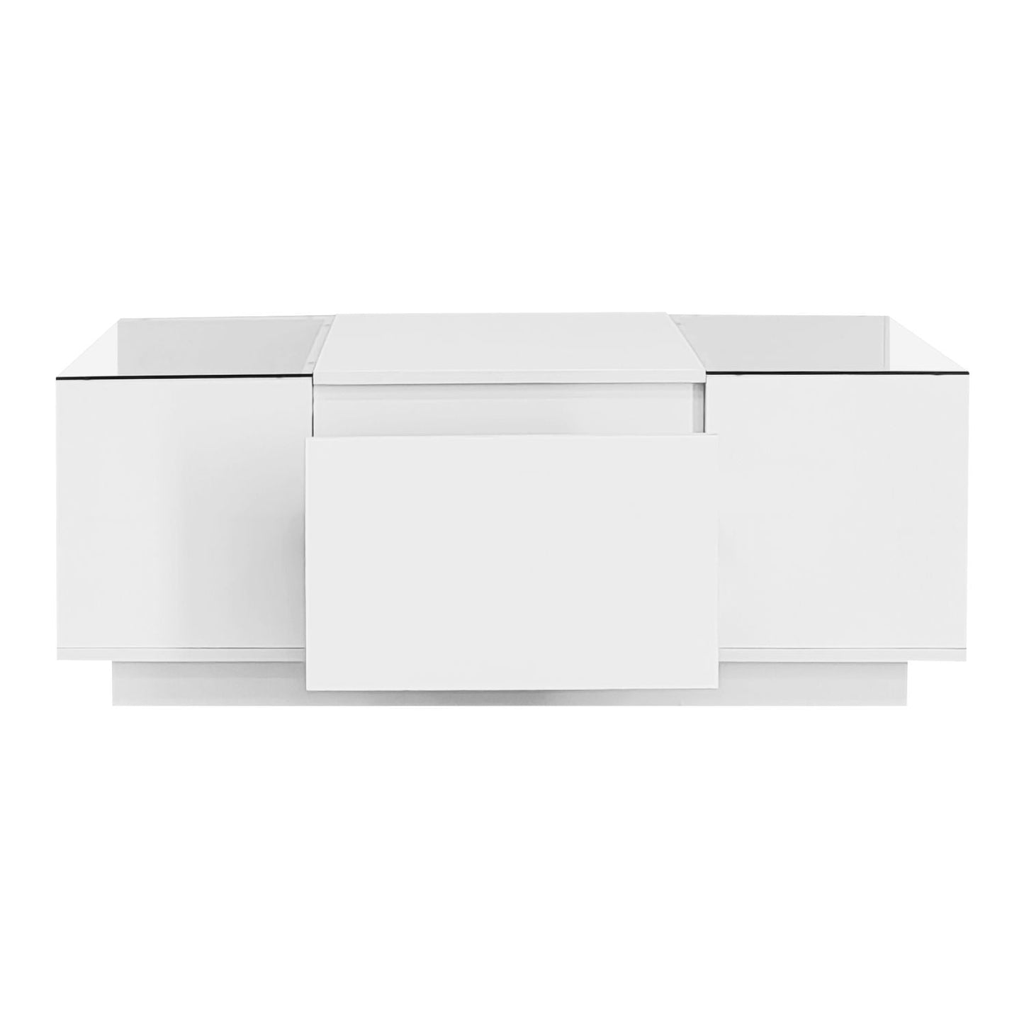 U-Can Led Coffee Table, Modern Center Table with High-Gloss Finish and Glass Tabletop, Coffee Table with Open Storage Compartment and 2 Hidden Drawers for Living Room - luxuryhomedecoridea.com