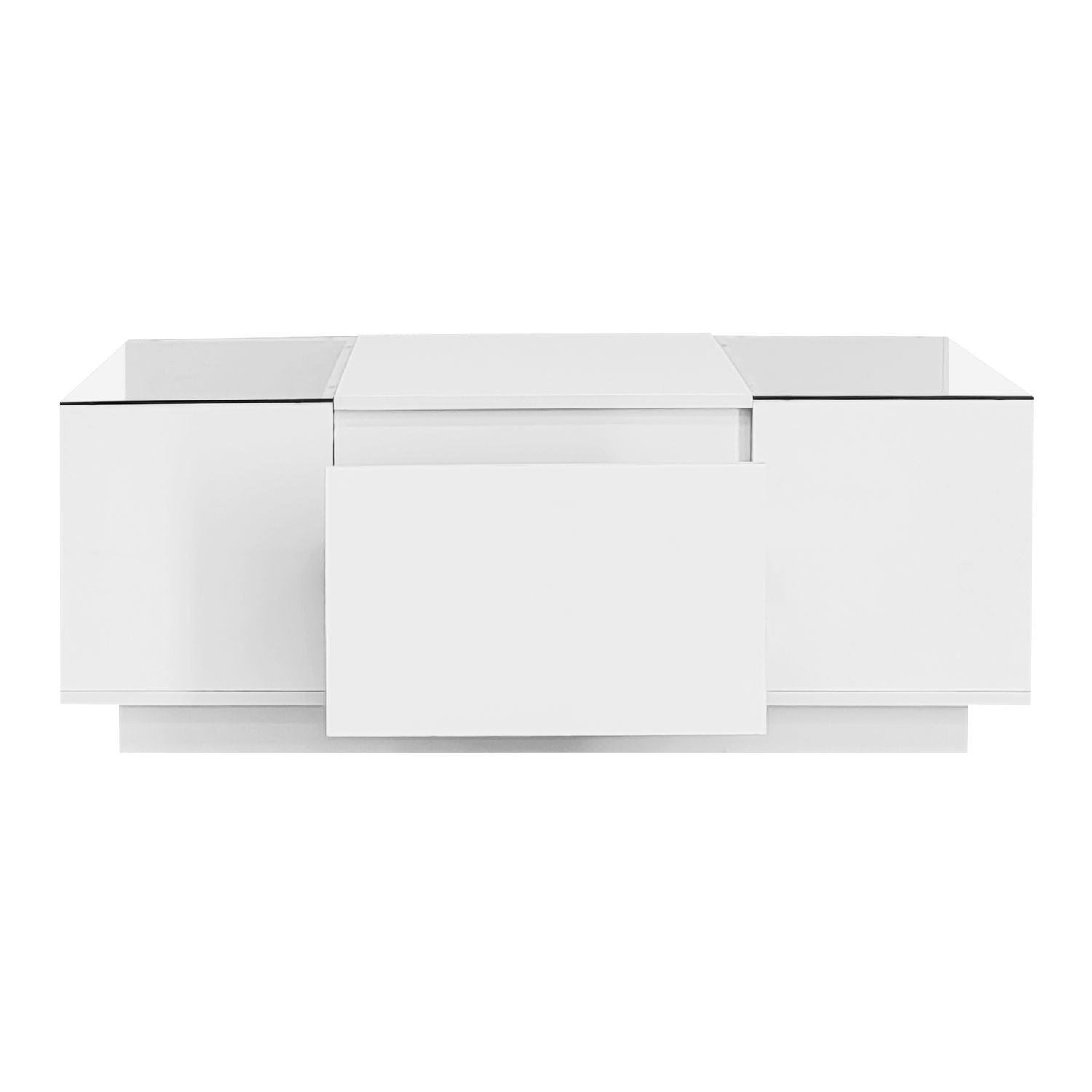 U-Can Led Coffee Table, Modern Center Table with High-Gloss Finish and Glass Tabletop, Coffee Table with Open Storage Compartment and 2 Hidden Drawers for Living Room - luxuryhomedecoridea.com