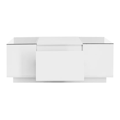 U-Can Led Coffee Table, Modern Center Table with High-Gloss Finish and Glass Tabletop, Coffee Table with Open Storage Compartment and 2 Hidden Drawers for Living Room - luxuryhomedecoridea.com