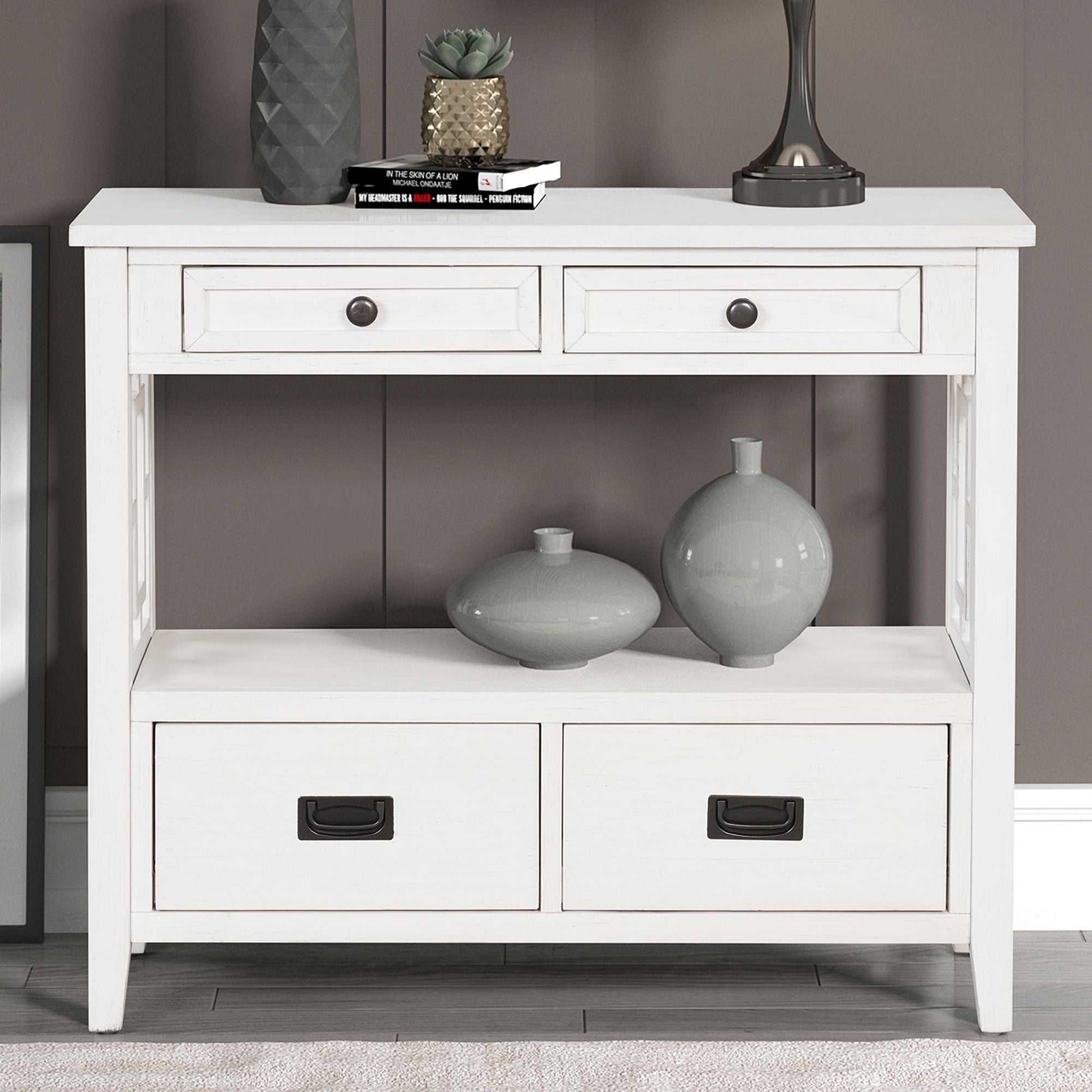 36'' Farmhouse Pine Wood Console Table Entry Sofa Table with 4 Drawers & 1 Storage Shelf for Entryway Living Room Bedroom Hallway Kitchen (Antique White) - luxuryhomedecoridea.com