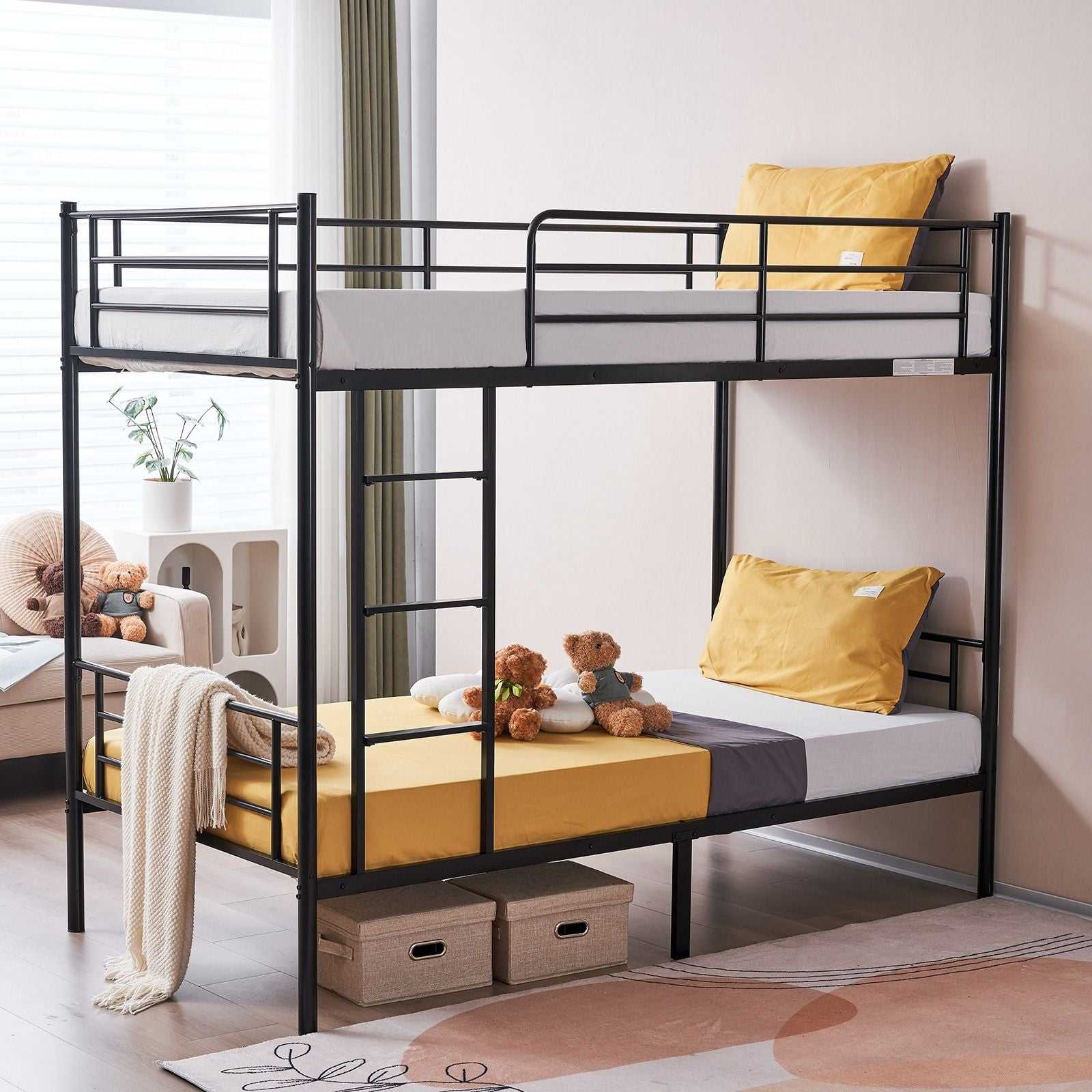 Modern Double Layer Bunk Bed with Sturdy Metal Frame Safety Guardrails Underbed Storage Space for Kids Teens Adults Easy Assembly No Box Spring Needed - luxuryhomedecoridea.com