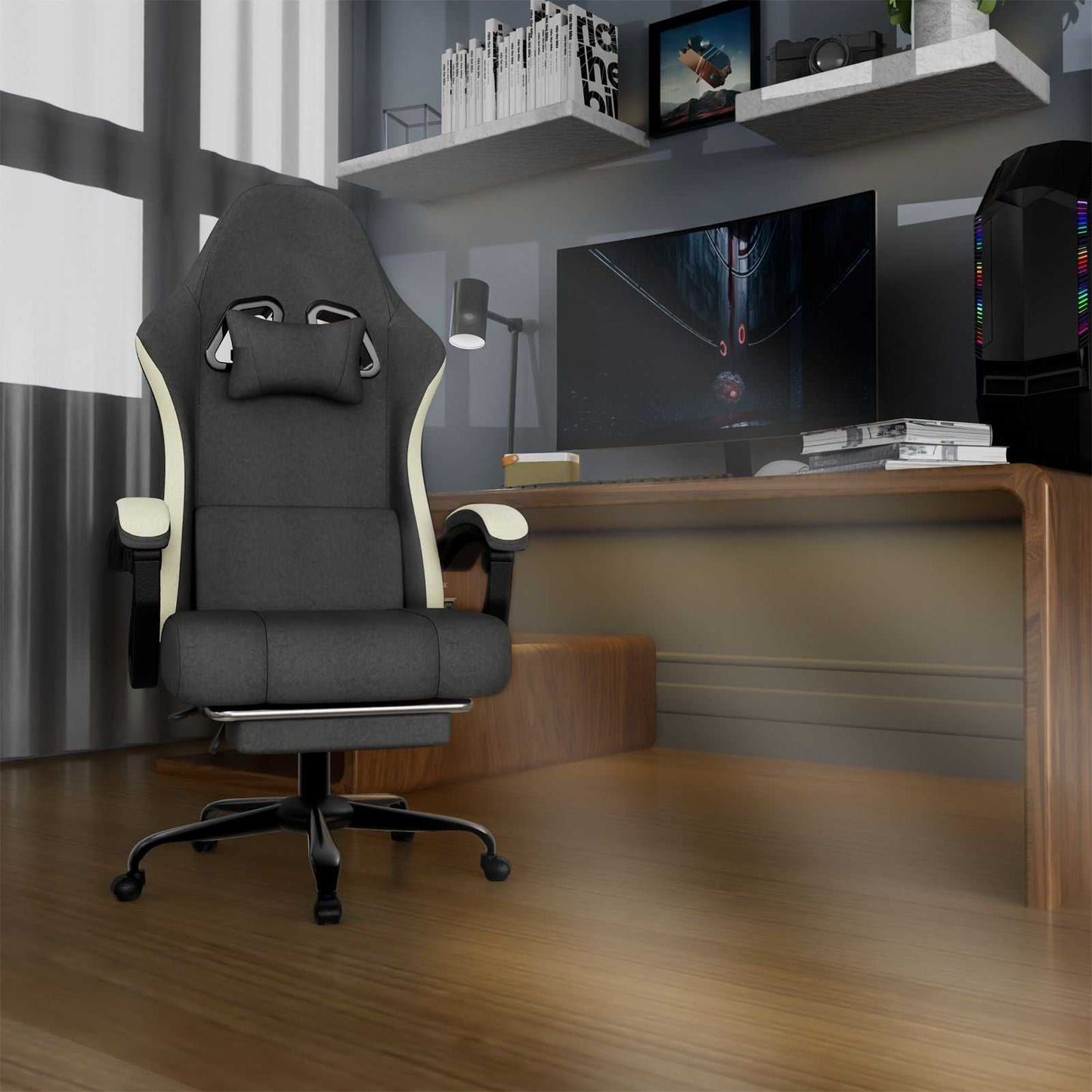 Ergonomic Gaming Chair with Pocketed Spring Cushion, Breathable Fabric Computer Chair with Footrest, Adjustable Lumbar Support Video Game Chair for Adults (Fabric) - luxuryhomedecoridea.com