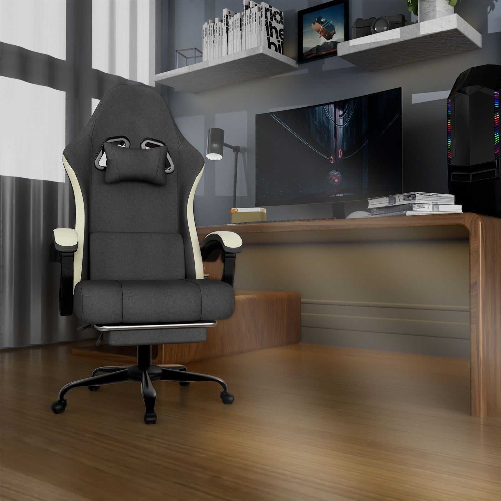 Ergonomic Gaming Chair with Pocketed Spring Cushion, Breathable Fabric Computer Chair with Footrest, Adjustable Lumbar Support Video Game Chair for Adults (Fabric) - luxuryhomedecoridea.com
