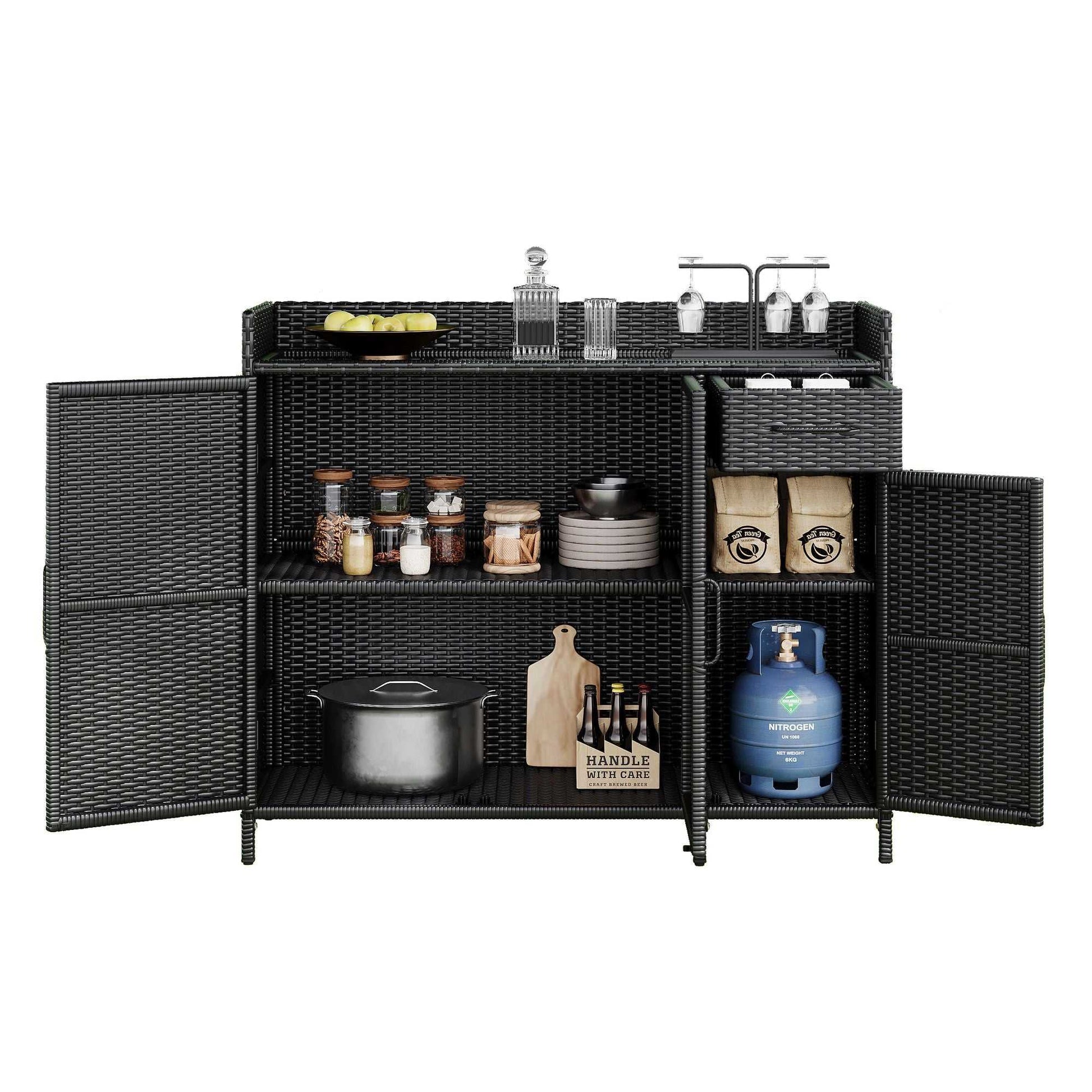 47.5"W Wicker Outdoor Storage Cabinet with Tempered Glass Desktop, Weather-proof Rattan Bar Table with Three Doors, Adjustable Shelf, and One Drawer, for Outdoor Cushions, Pool Toys - luxuryhomedecoridea.com