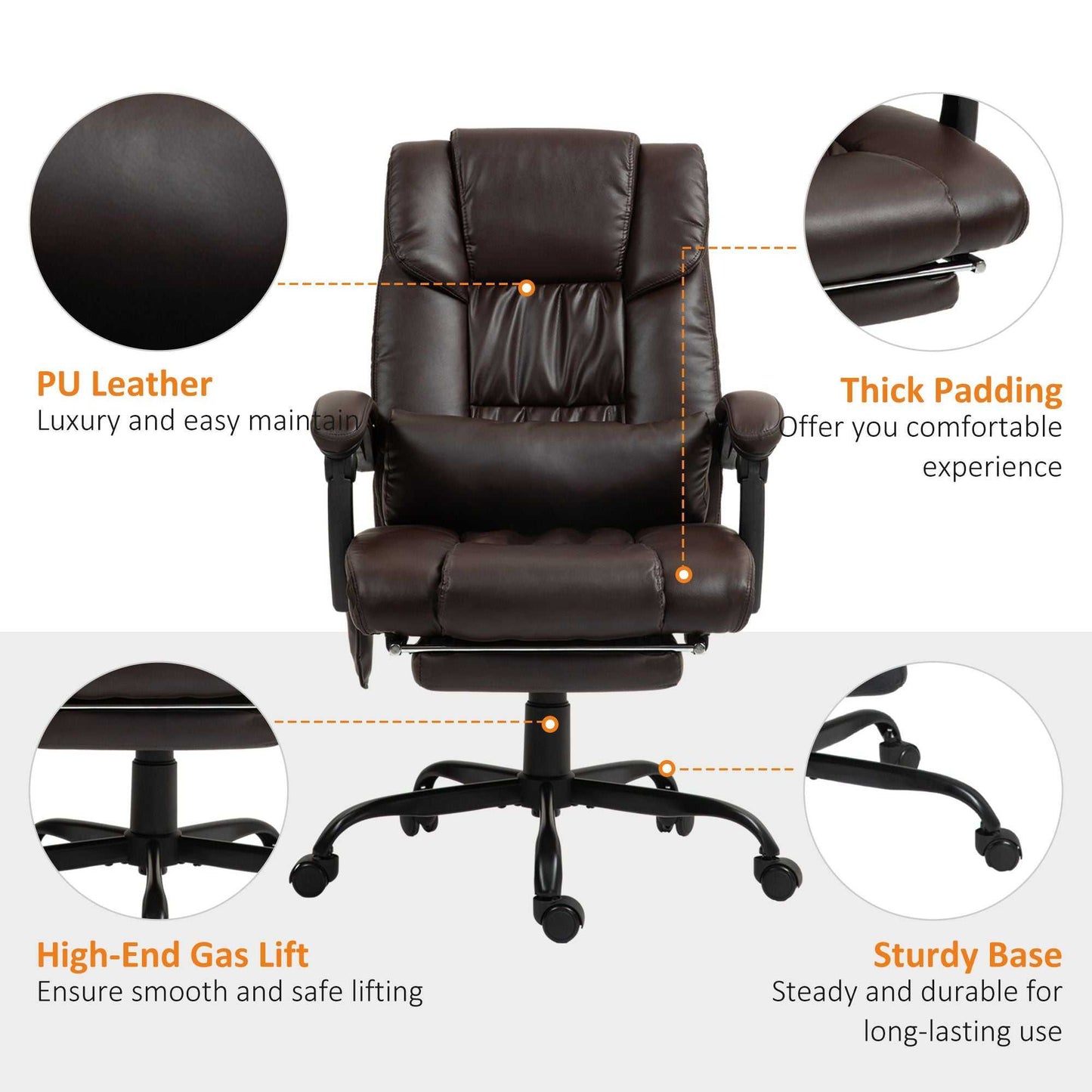 High Back PU Leather Massage Office Chair, 6 Vibration Points, Ergonomic with Footrest, Adjustable Height, Remote, Brown - luxuryhomedecoridea.com