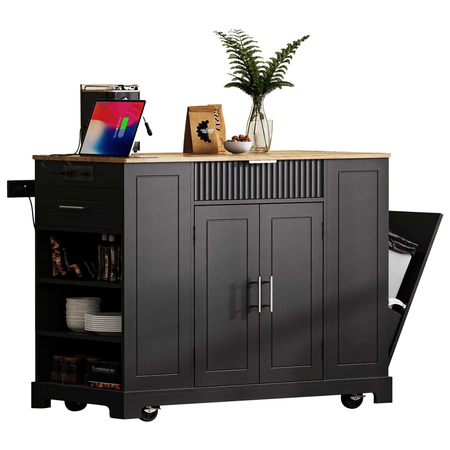 Fluted Kitchen Island with Trash Can Storage Cabinet, Power Outlet, Internal Storage Rack, Rolling Kitchen Islands on 5 Wheels with 3 Drawer, 3 Open Side Racks for 10 Gallon Garbage Bin - luxuryhomedecoridea.com