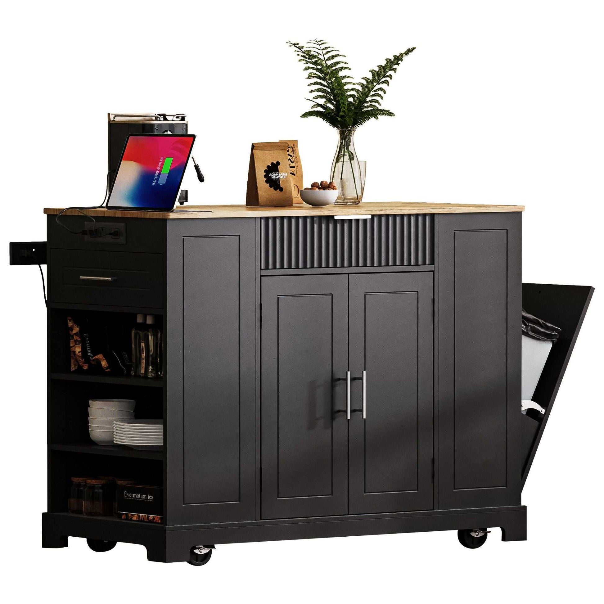 Fluted Kitchen Island with Trash Can Storage Cabinet, Power Outlet, Internal Storage Rack, Rolling Kitchen Islands on 5 Wheels with 3 Drawer, 3 Open Side Racks for 10 Gallon Garbage Bin - luxuryhomedecoridea.com