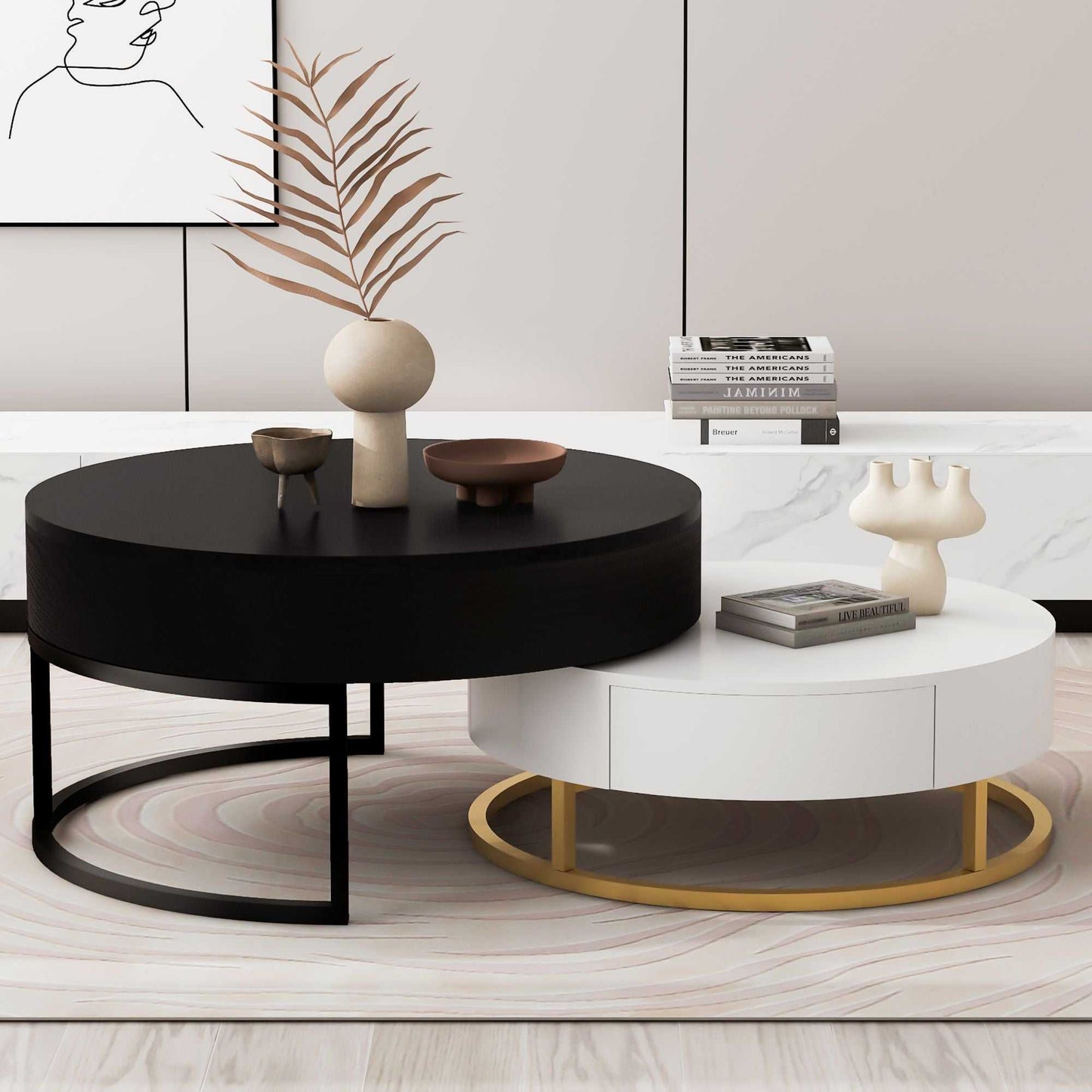 Modern Round Lift-top Nesting Coffee Tables with 2 Drawers - luxuryhomedecoridea.com
