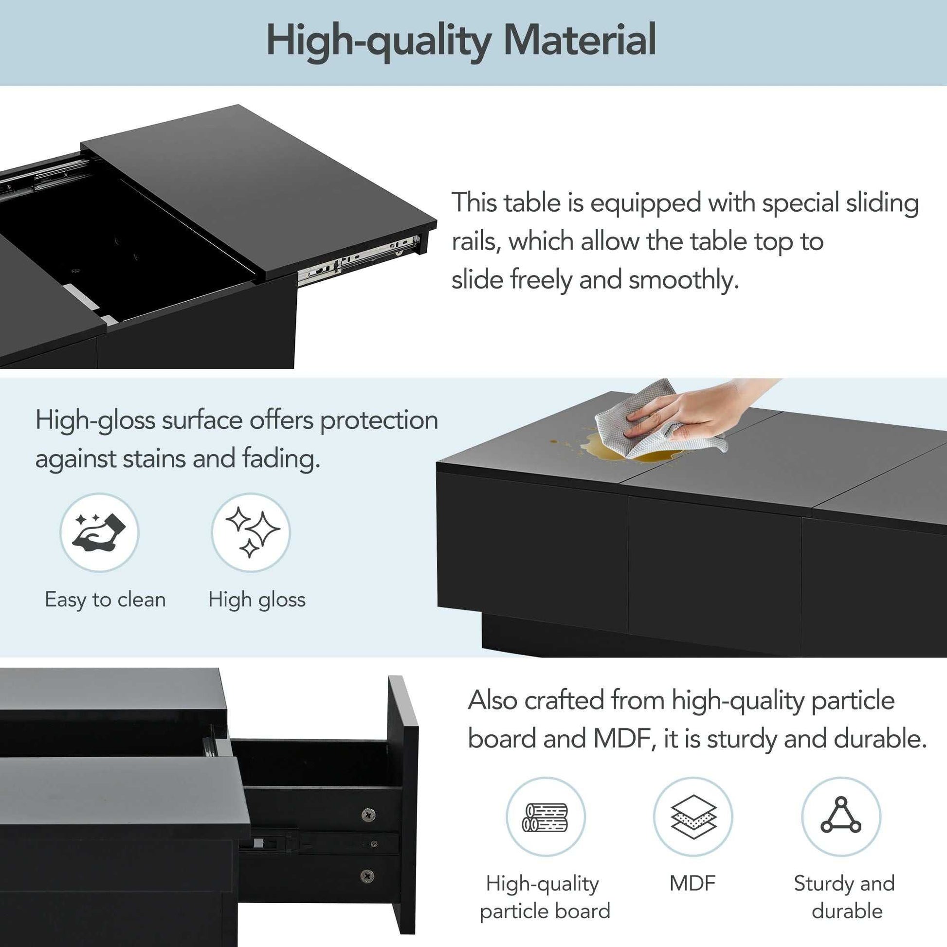 Coffee Table with 2 large Hidden Storage Compartment, Extendable Cocktail Table with 2 Drawers, High-gloss Center Table with Sliding Top for Living Room, 39.3"x21.6", Black - luxuryhomedecoridea.com