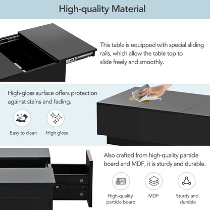 Coffee Table with 2 large Hidden Storage Compartment, Extendable Cocktail Table with 2 Drawers, High-gloss Center Table with Sliding Top for Living Room, 39.3"x21.6", Black - luxuryhomedecoridea.com