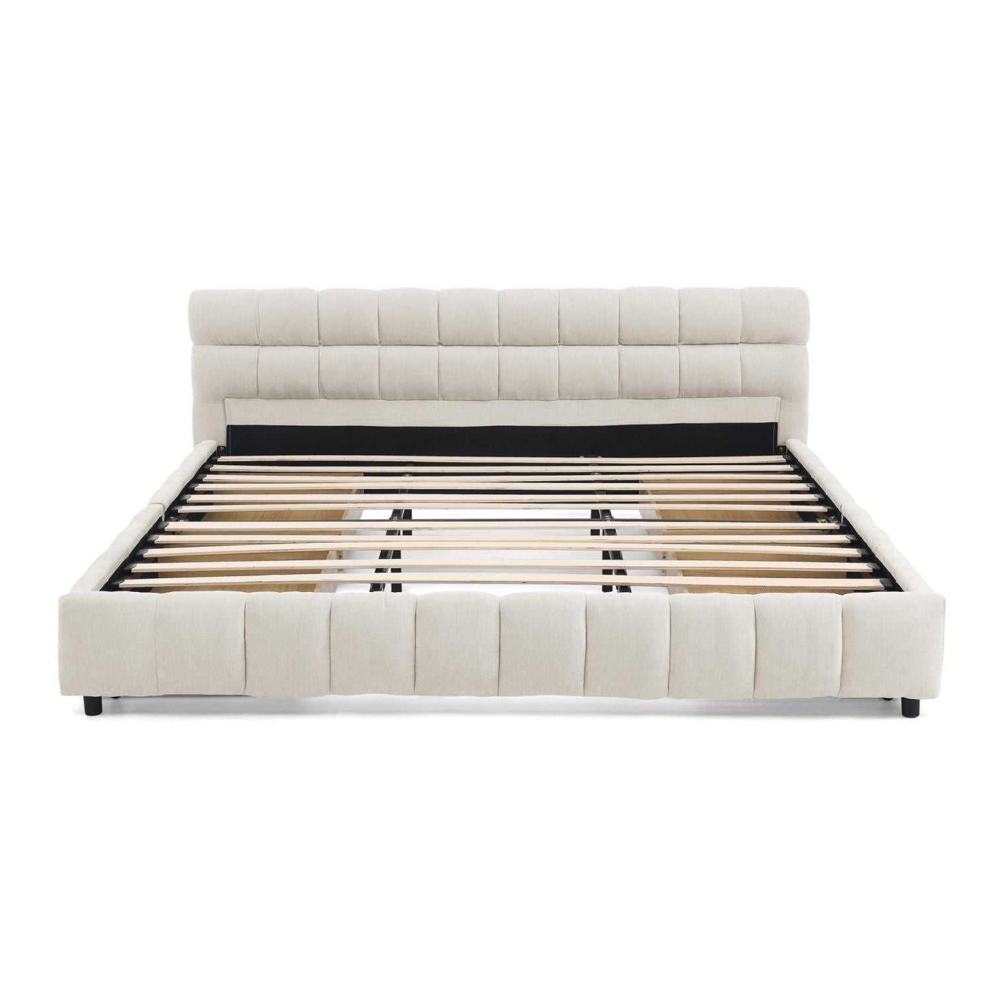 King Size Upholstered Bed ,comfortable upholstered bed frame, Chenille fabric, with headboard and solid bed frame. With drawer for storage.-Beige(88.5''*85.5''*31'') - luxuryhomedecoridea.com