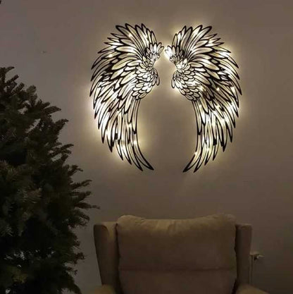 Carved Metal Wall Decor Art With Light Angel Wings Decoration - luxuryhomedecoridea.com